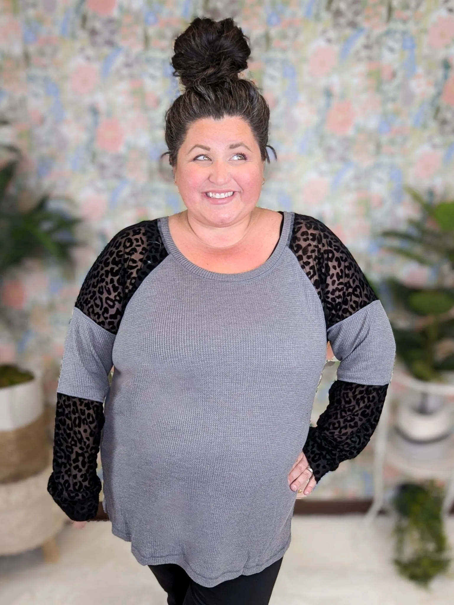 Delilah Charcoal Waffleknit Long Sleeve w/Black Leo Accent