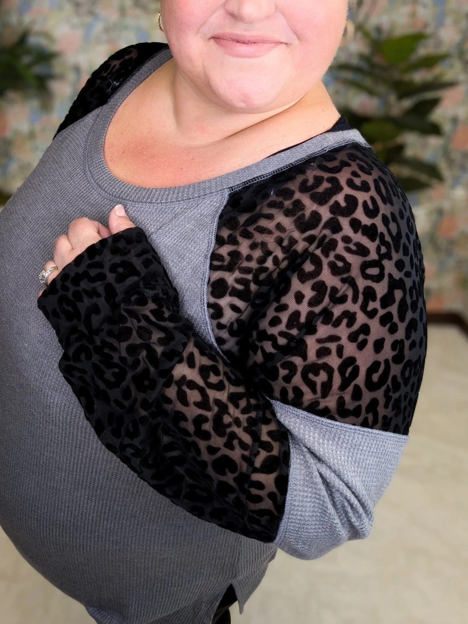Delilah Charcoal Waffleknit Long Sleeve w/Black Leo Accent