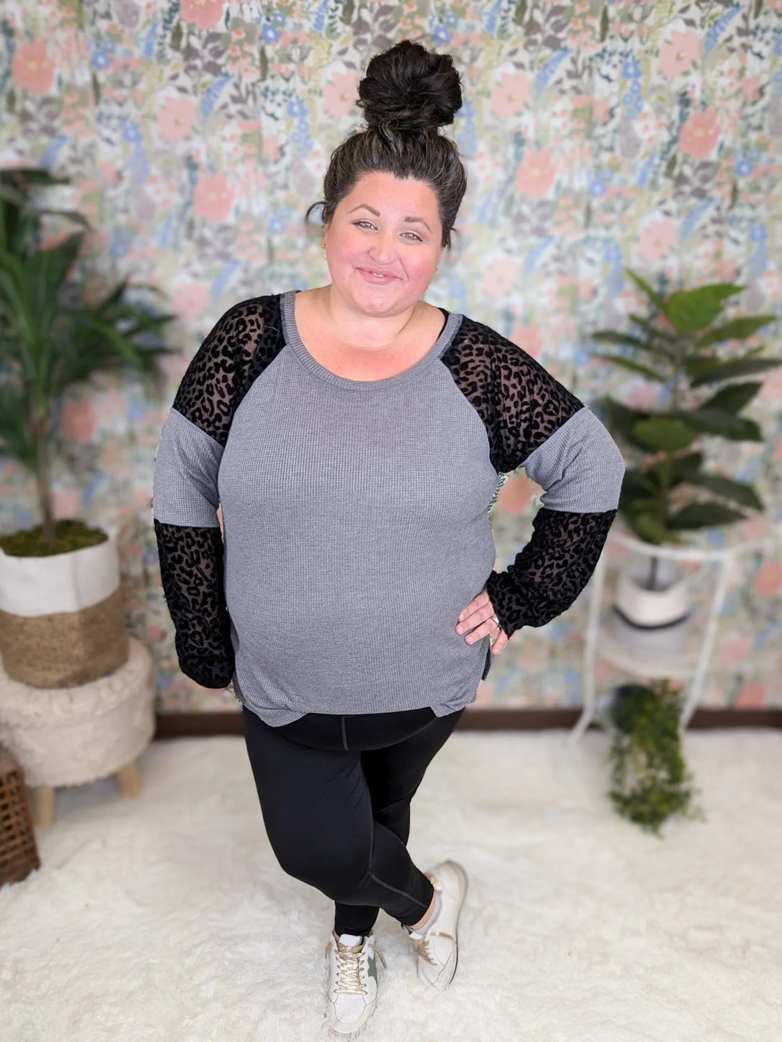 Delilah Charcoal Waffleknit Long Sleeve w/Black Leo Accent
