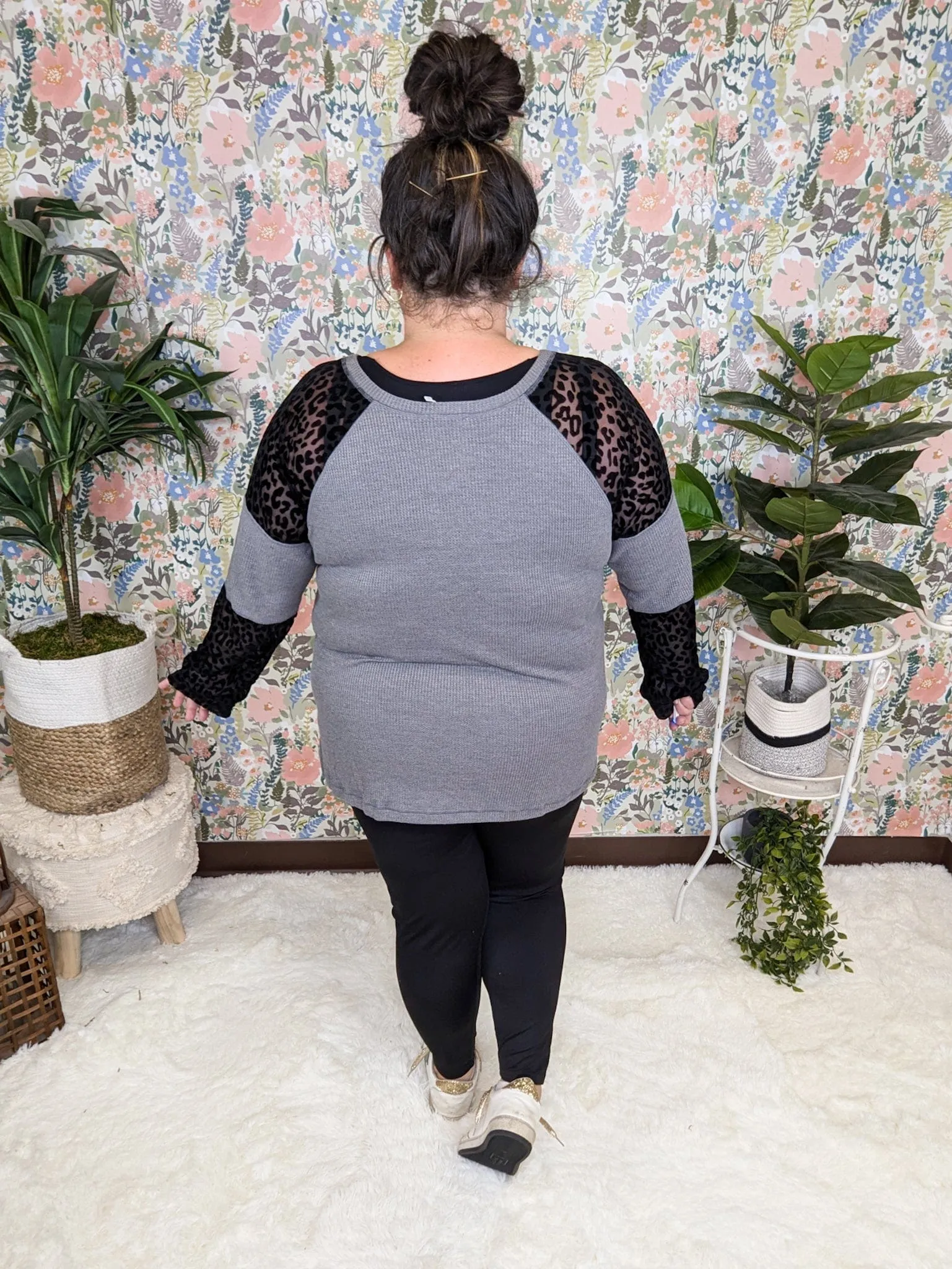 Delilah Charcoal Waffleknit Long Sleeve w/Black Leo Accent