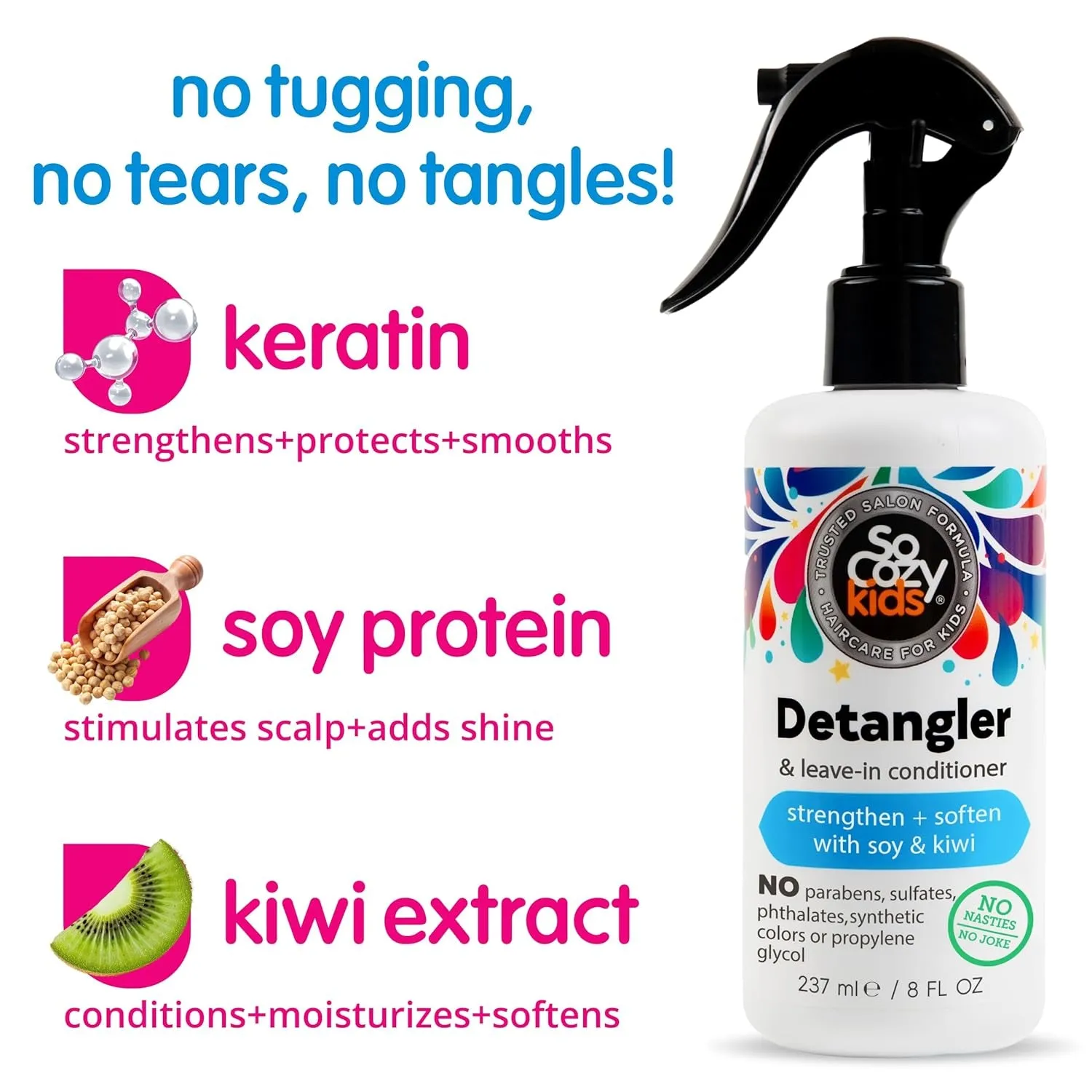 Detangler & Leave in Conditioner Spray (8 Fl Oz) Hair Detangler Spray for Kids, Paraben-Free Leave in Hair Conditioner & Detangling Spray for Frizzy Hair, Keratin, Soy Protein & Kiwi Extract