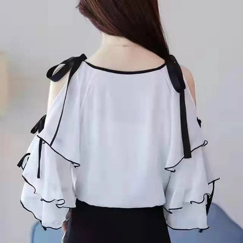 Elegant Ruffles Spliced Bandage Bow Off Shoulder Chiffon Blouse