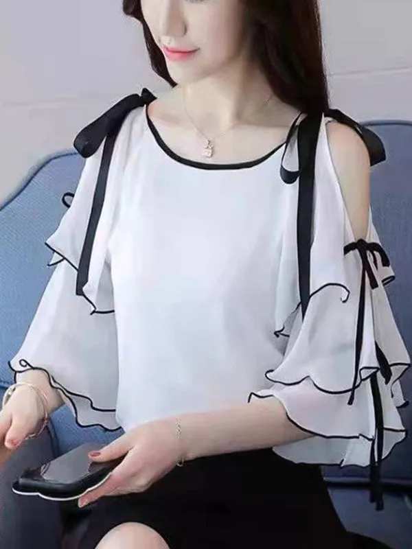 Elegant Ruffles Spliced Bandage Bow Off Shoulder Chiffon Blouse