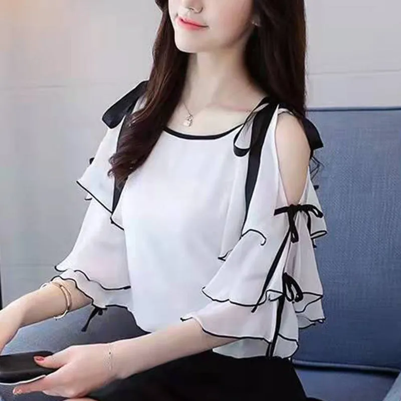 Elegant Ruffles Spliced Bandage Bow Off Shoulder Chiffon Blouse