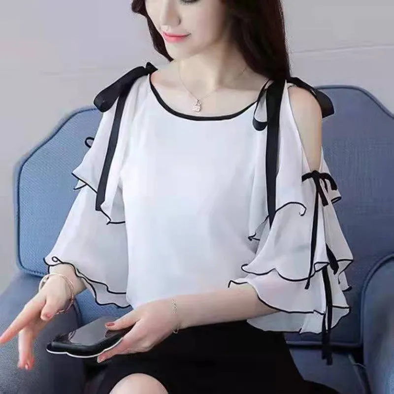 Elegant Ruffles Spliced Bandage Bow Off Shoulder Chiffon Blouse