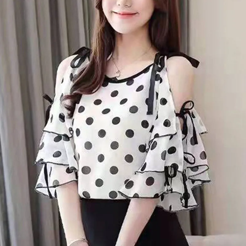 Elegant Ruffles Spliced Bandage Bow Off Shoulder Chiffon Blouse