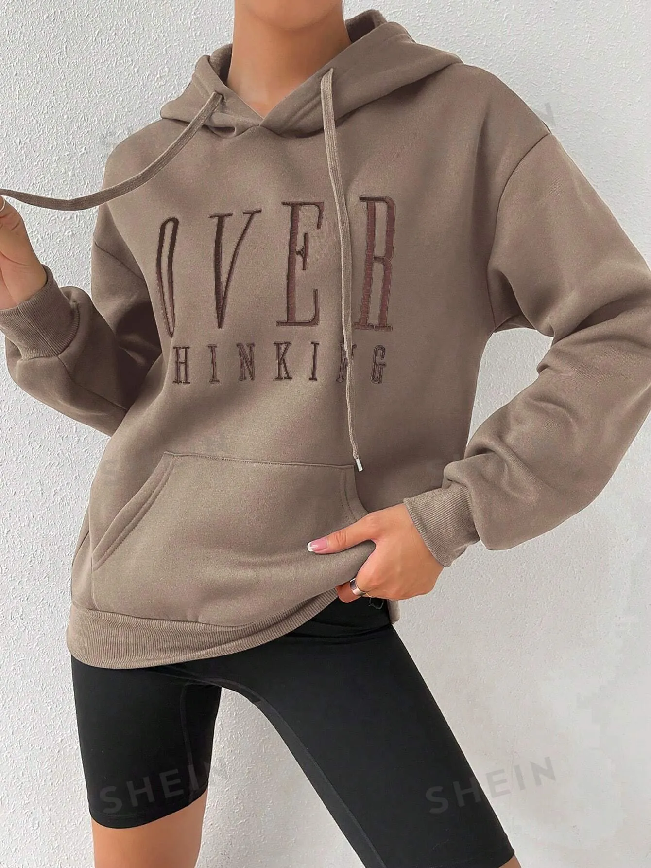 EZwear Women Over-Thinking Slogan Drawstring Hooded Loose Fit Long Sleeve Sweatshirt