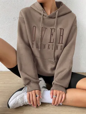 EZwear Women Over-Thinking Slogan Drawstring Hooded Loose Fit Long Sleeve Sweatshirt
