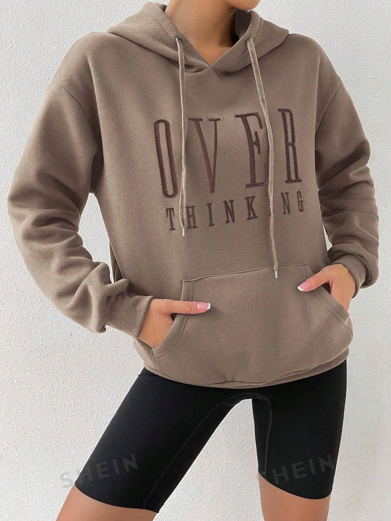EZwear Women Over-Thinking Slogan Drawstring Hooded Loose Fit Long Sleeve Sweatshirt