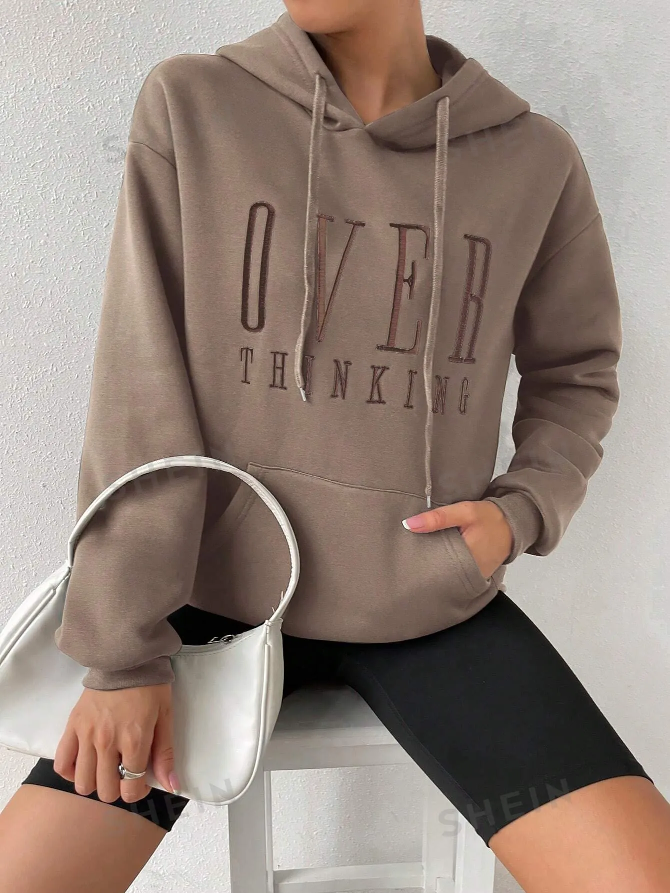EZwear Women Over-Thinking Slogan Drawstring Hooded Loose Fit Long Sleeve Sweatshirt