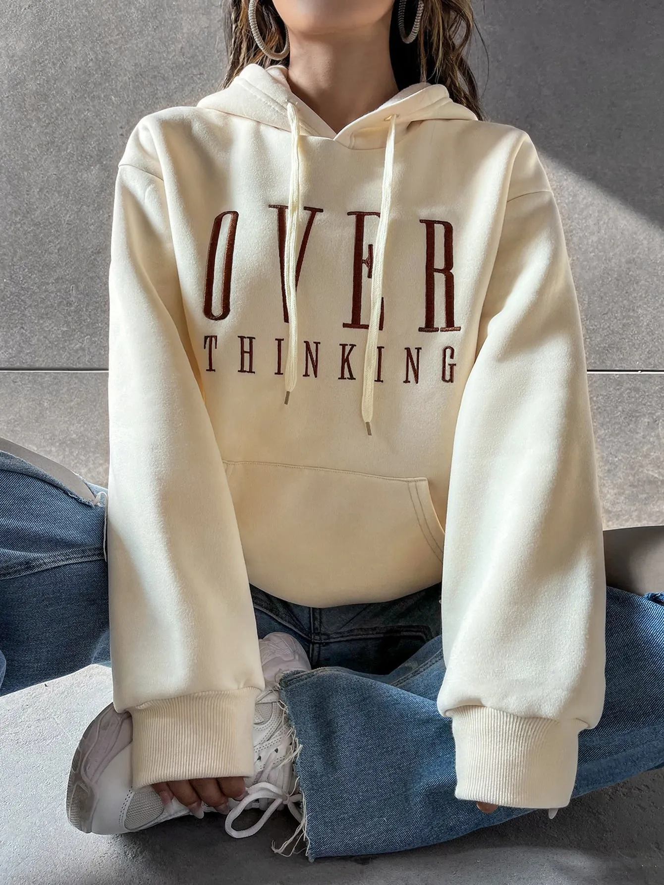 EZwear Women Over-Thinking Slogan Drawstring Hooded Loose Fit Long Sleeve Sweatshirt