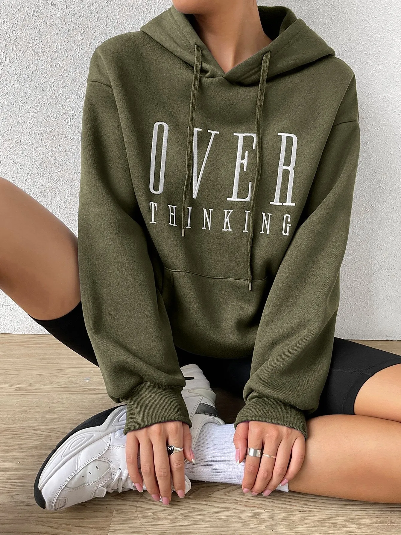 EZwear Women Over-Thinking Slogan Drawstring Hooded Loose Fit Long Sleeve Sweatshirt