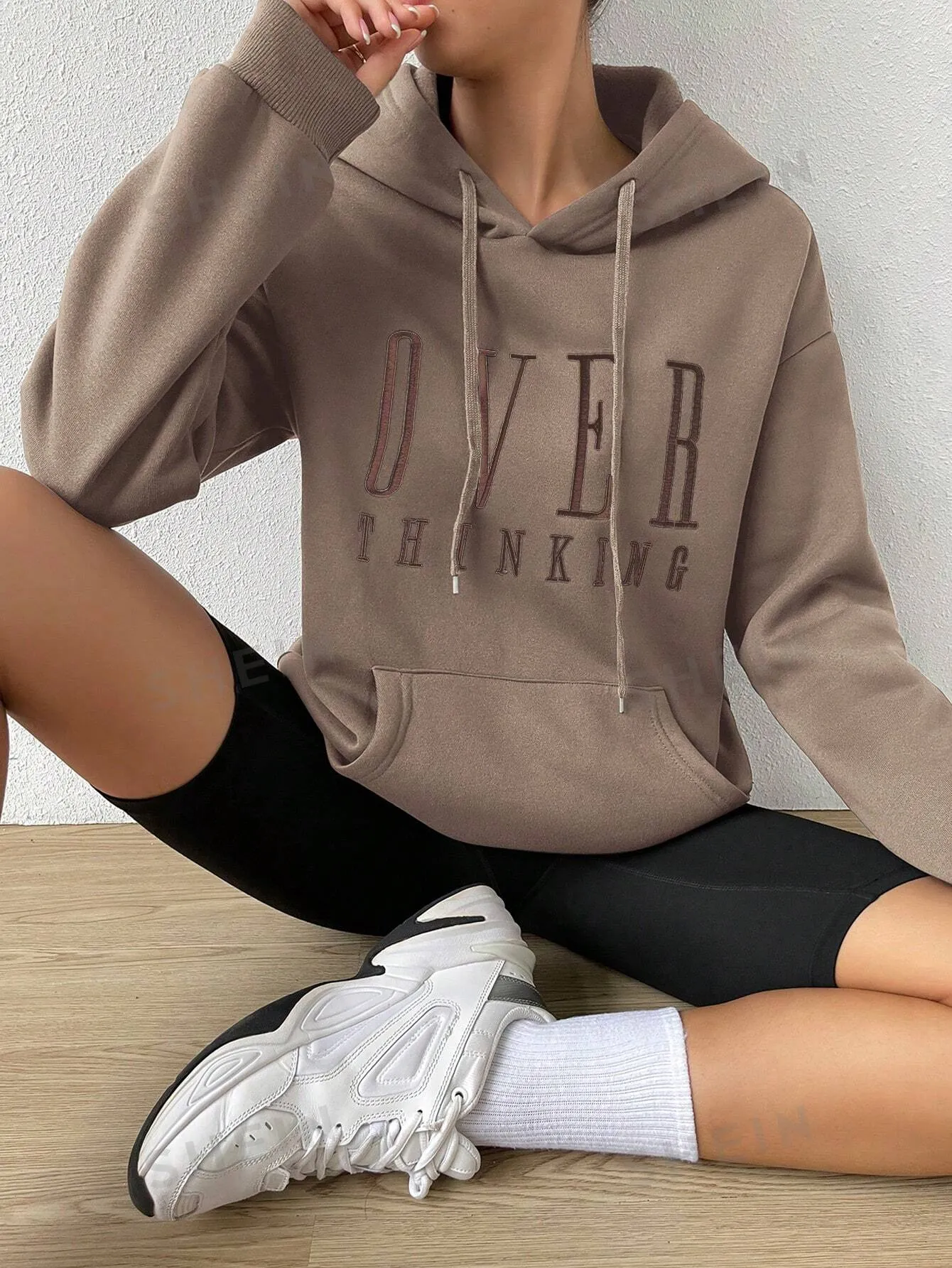 EZwear Women Over-Thinking Slogan Drawstring Hooded Loose Fit Long Sleeve Sweatshirt