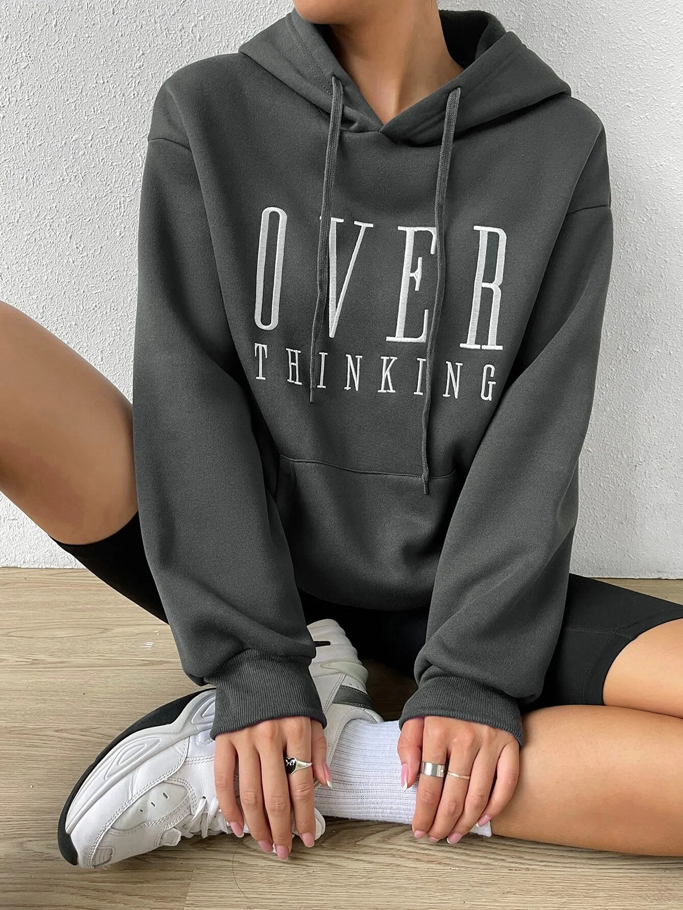 EZwear Women Over-Thinking Slogan Drawstring Hooded Loose Fit Long Sleeve Sweatshirt