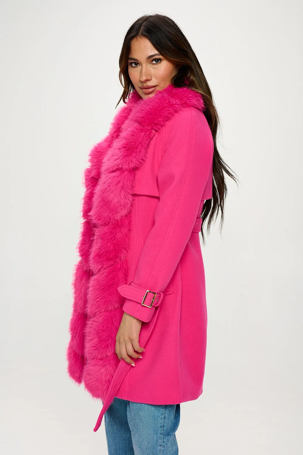 Faux Fur Trim Trench Coat