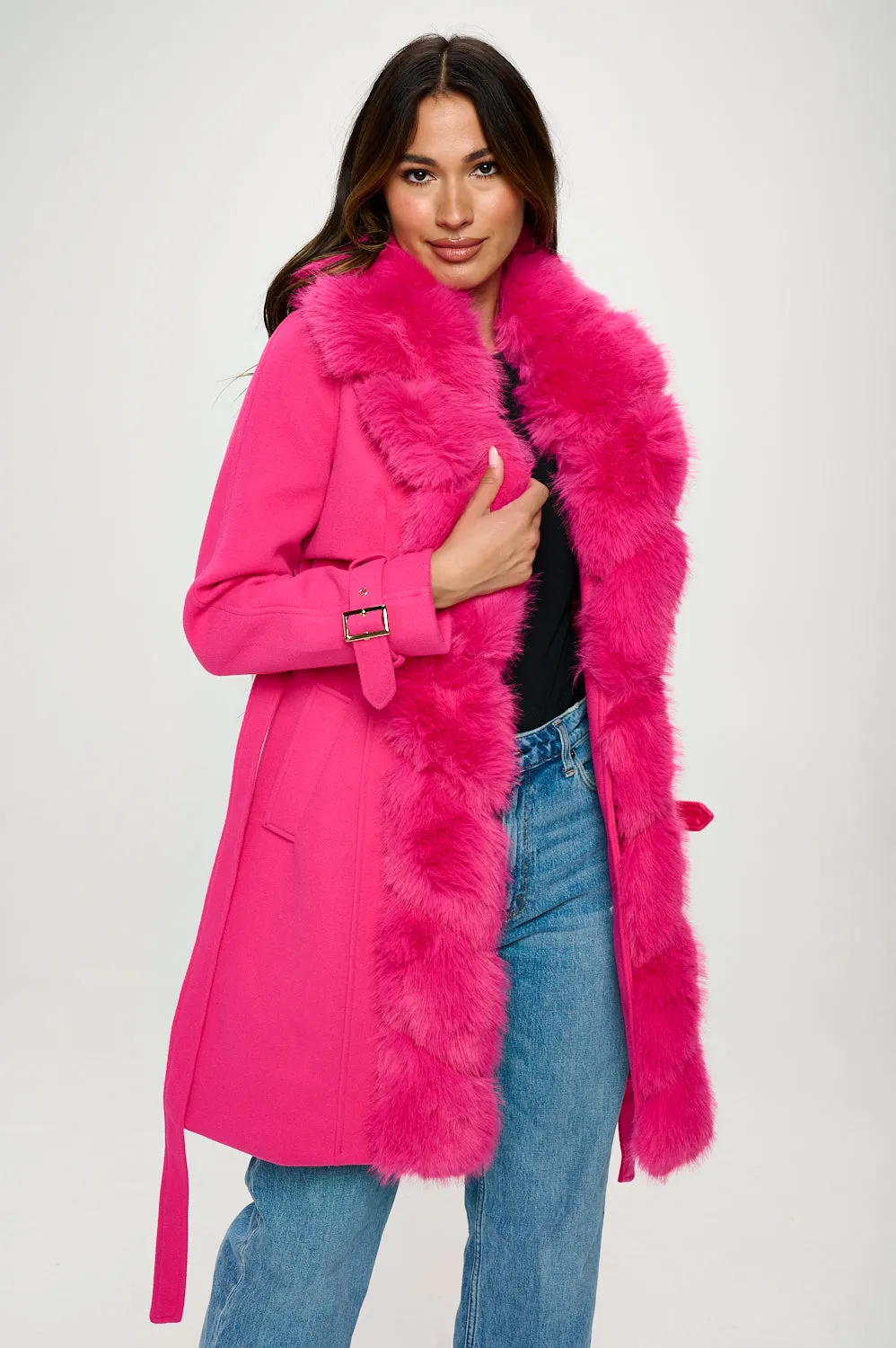 Faux Fur Trim Trench Coat