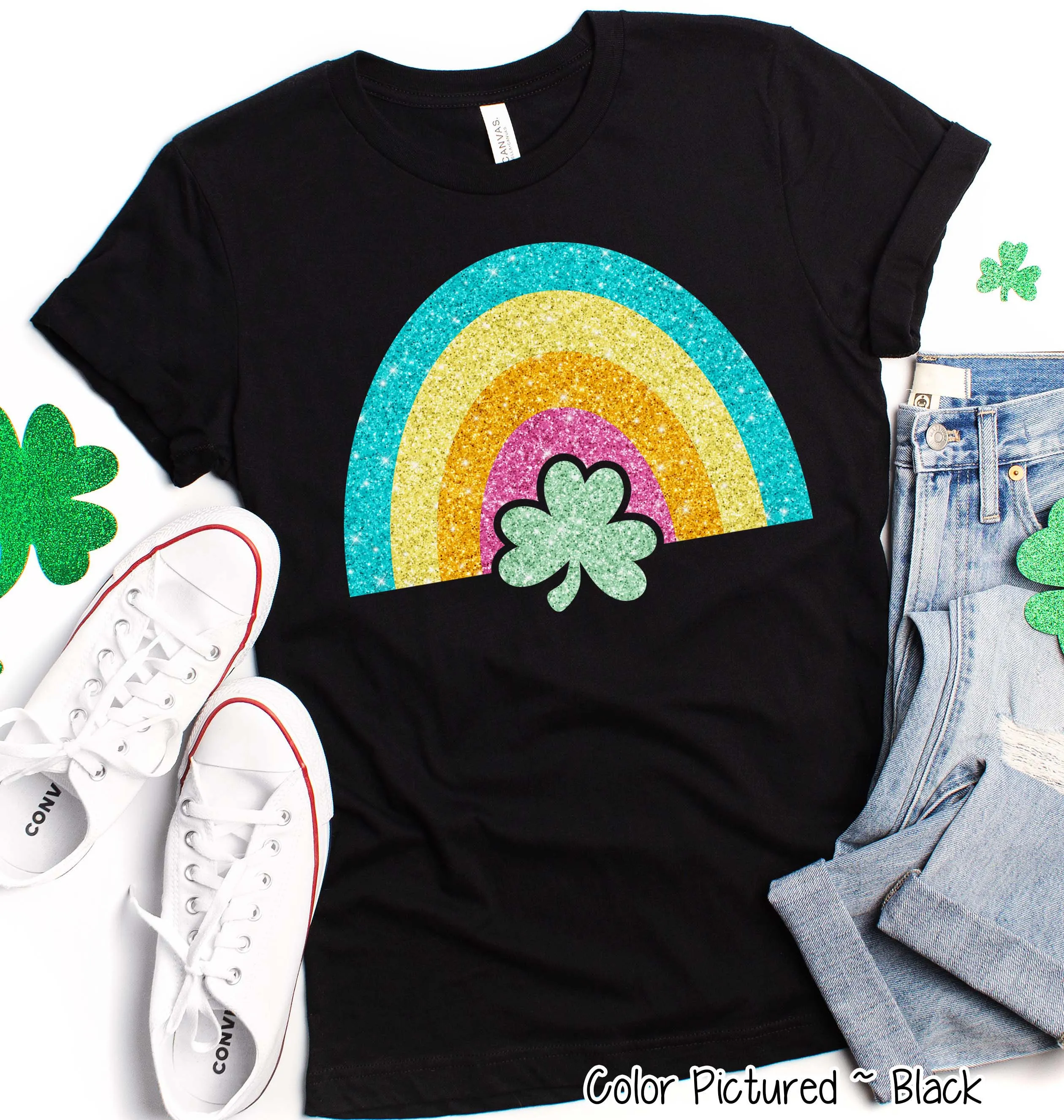 Faux Glitter Rainbow St Patricks Day Tee or Sweatshirt
