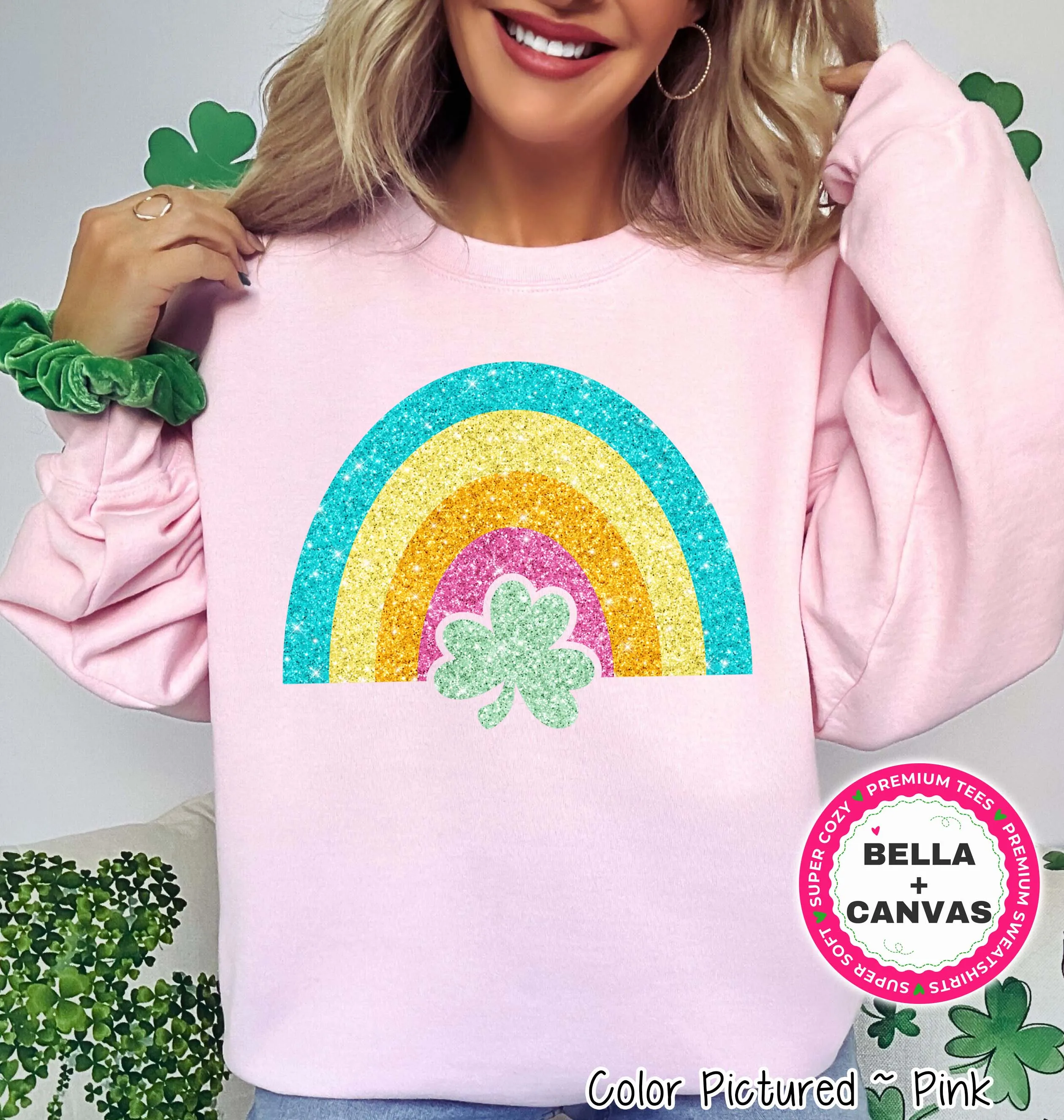 Faux Glitter Rainbow St Patricks Day Tee or Sweatshirt