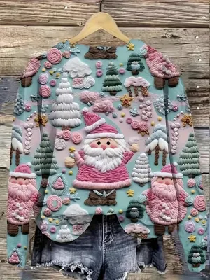 Festive Santa Claus Crew Neck Sweater - Pullovers for Women - Lightweight, Long Sleeve, Christmas Pattern, Perfect for Spring & Fall, Women's Clothing, Cozy and Comfortable