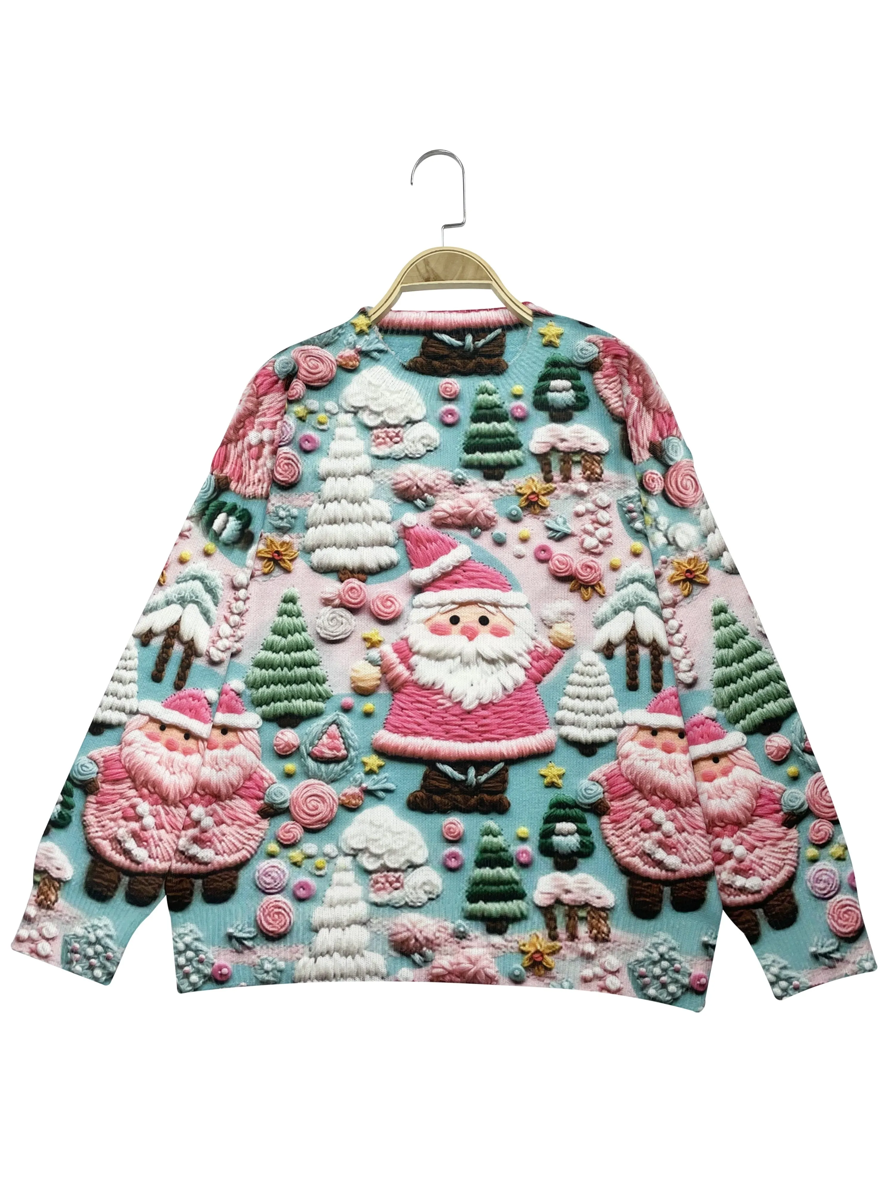 Festive Santa Claus Crew Neck Sweater - Pullovers for Women - Lightweight, Long Sleeve, Christmas Pattern, Perfect for Spring & Fall, Women's Clothing, Cozy and Comfortable