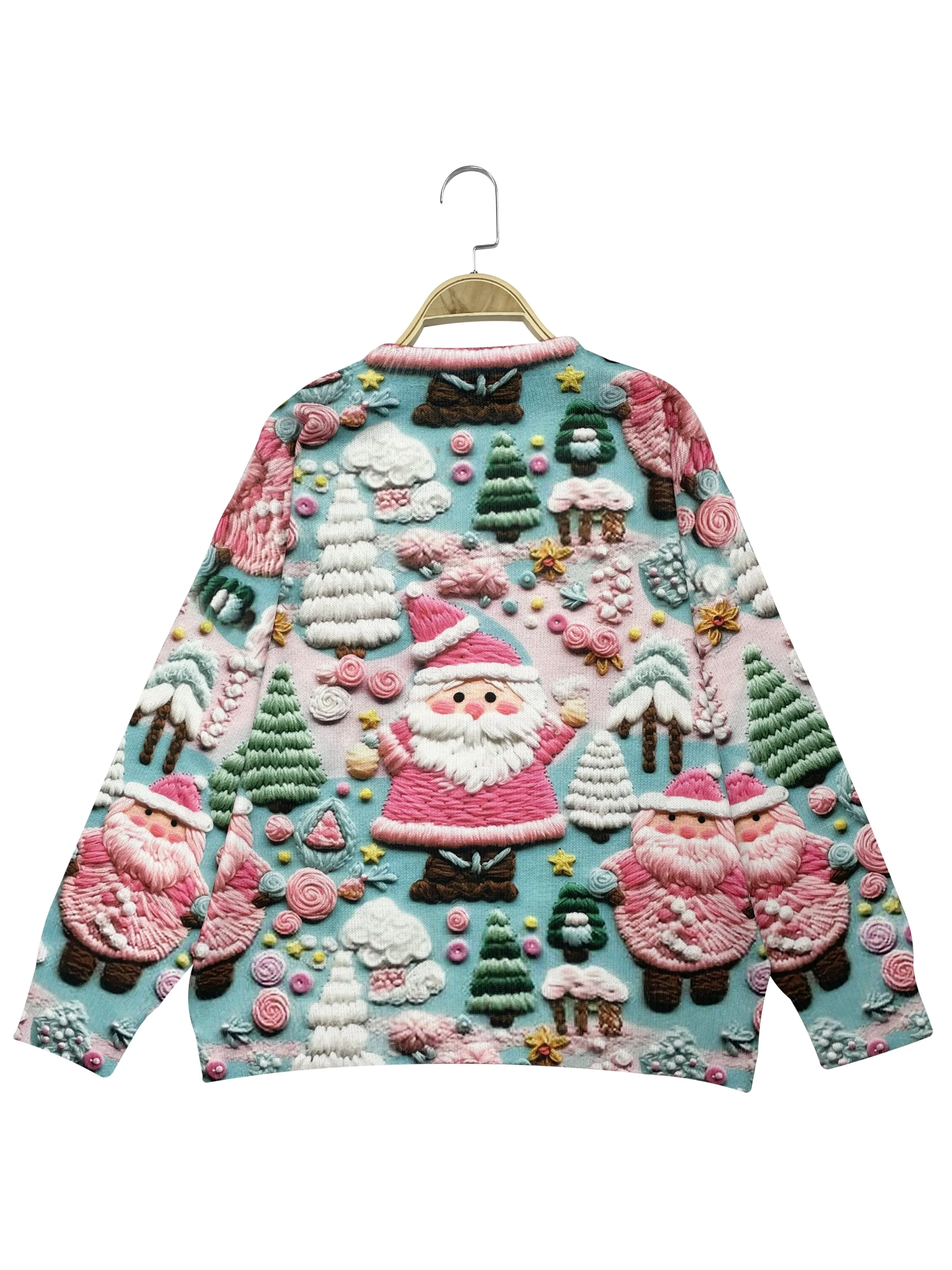 Festive Santa Claus Crew Neck Sweater - Pullovers for Women - Lightweight, Long Sleeve, Christmas Pattern, Perfect for Spring & Fall, Women's Clothing, Cozy and Comfortable