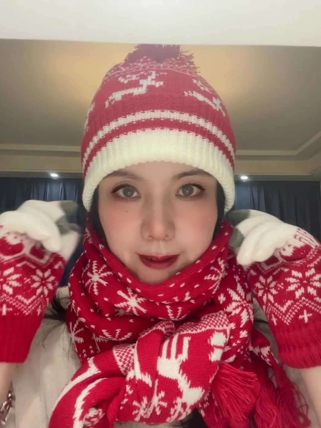Festive Warmth Christmas Snowflake Elk Scarf, Gloves, and Hat Three-Piece Set