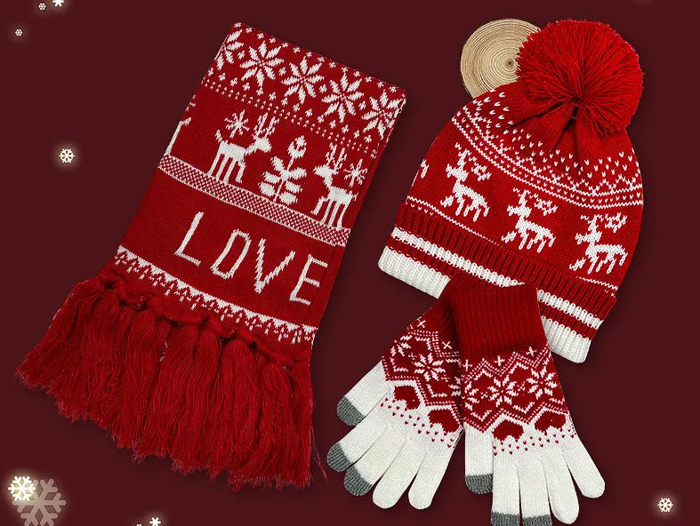 Festive Warmth Christmas Snowflake Elk Scarf, Gloves, and Hat Three-Piece Set