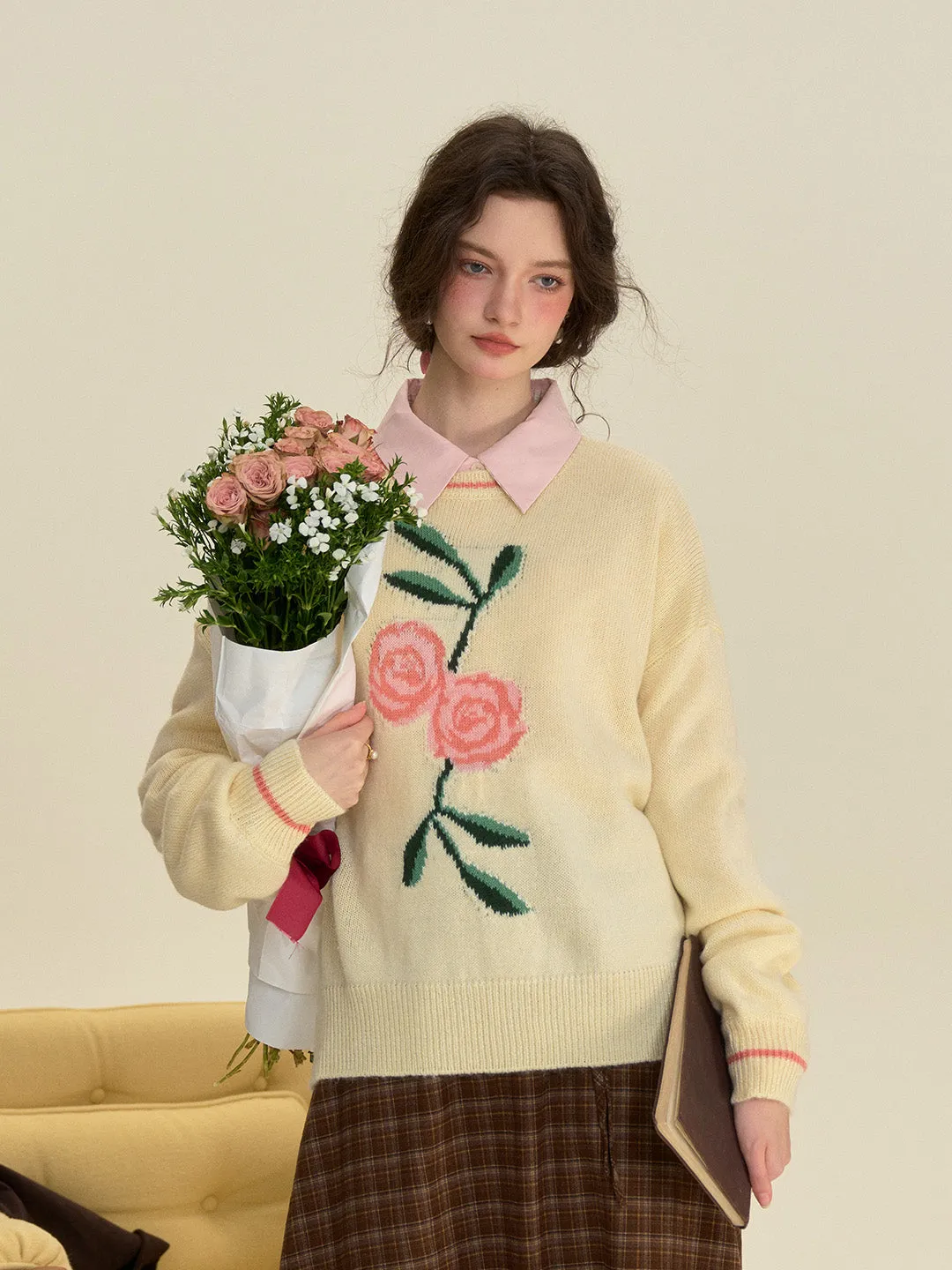【Final Sale】Ayra Round Neck Flower Pattern Elegant Long Sleeve Pullover Jumper