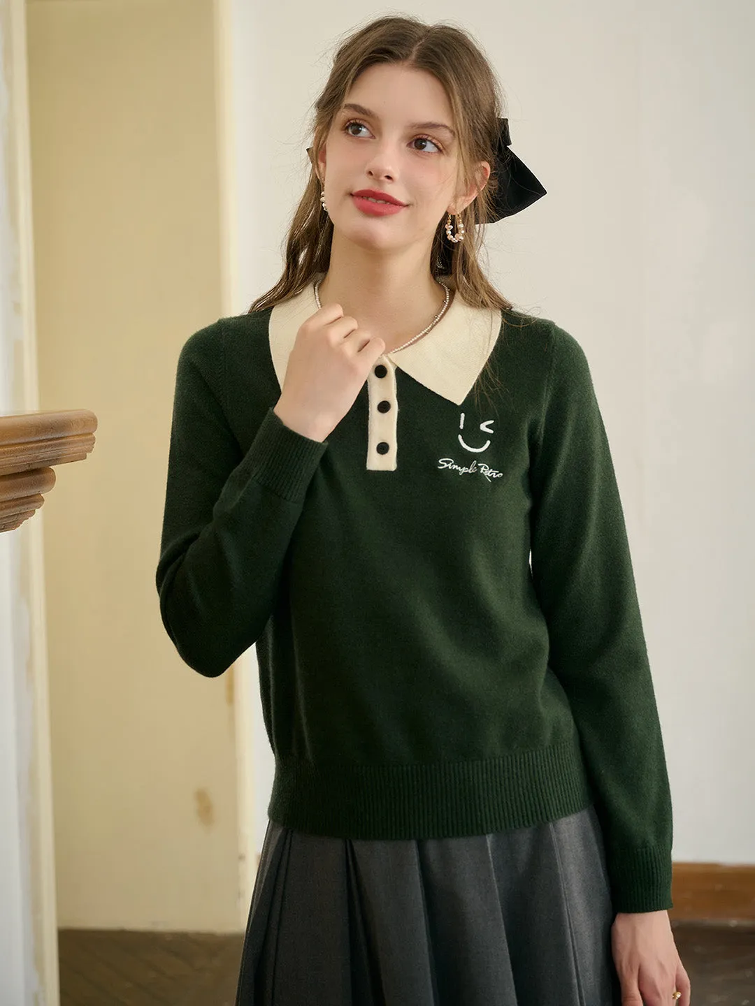 【Final Sale】Freya Custom Collar Contrast Color Print Button-Front Blouse