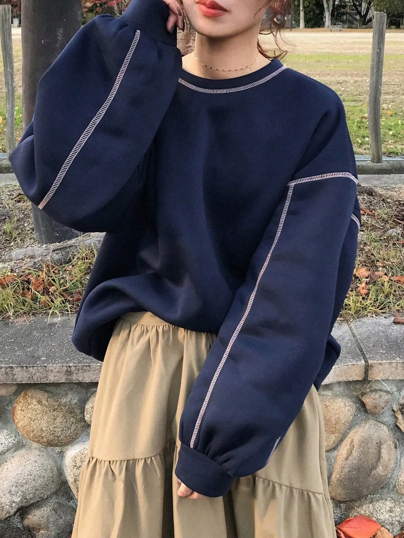 FRIFUL Women's Contrast Color Patchwork Crew Neck Loose Fit Casual Sweatshirt