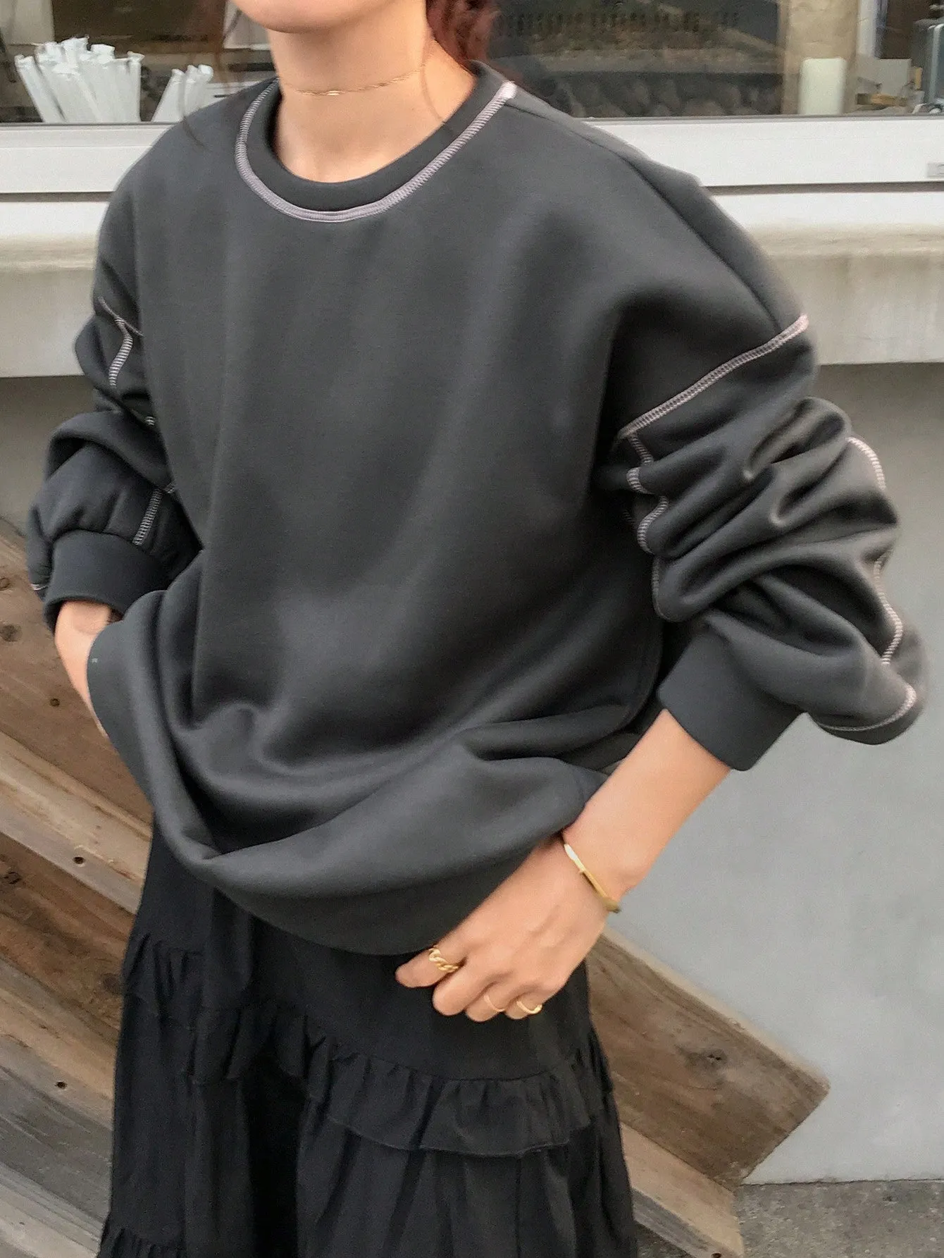 FRIFUL Women's Contrast Color Patchwork Crew Neck Loose Fit Casual Sweatshirt