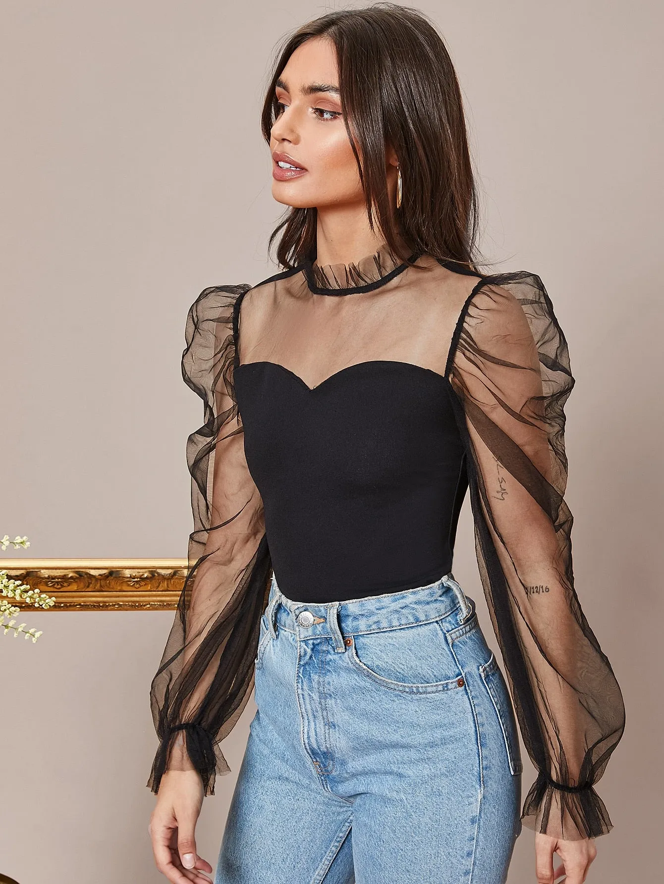 Frill Neck Sheer Mesh Puff Sleeve Top( CLEARANCE SALE