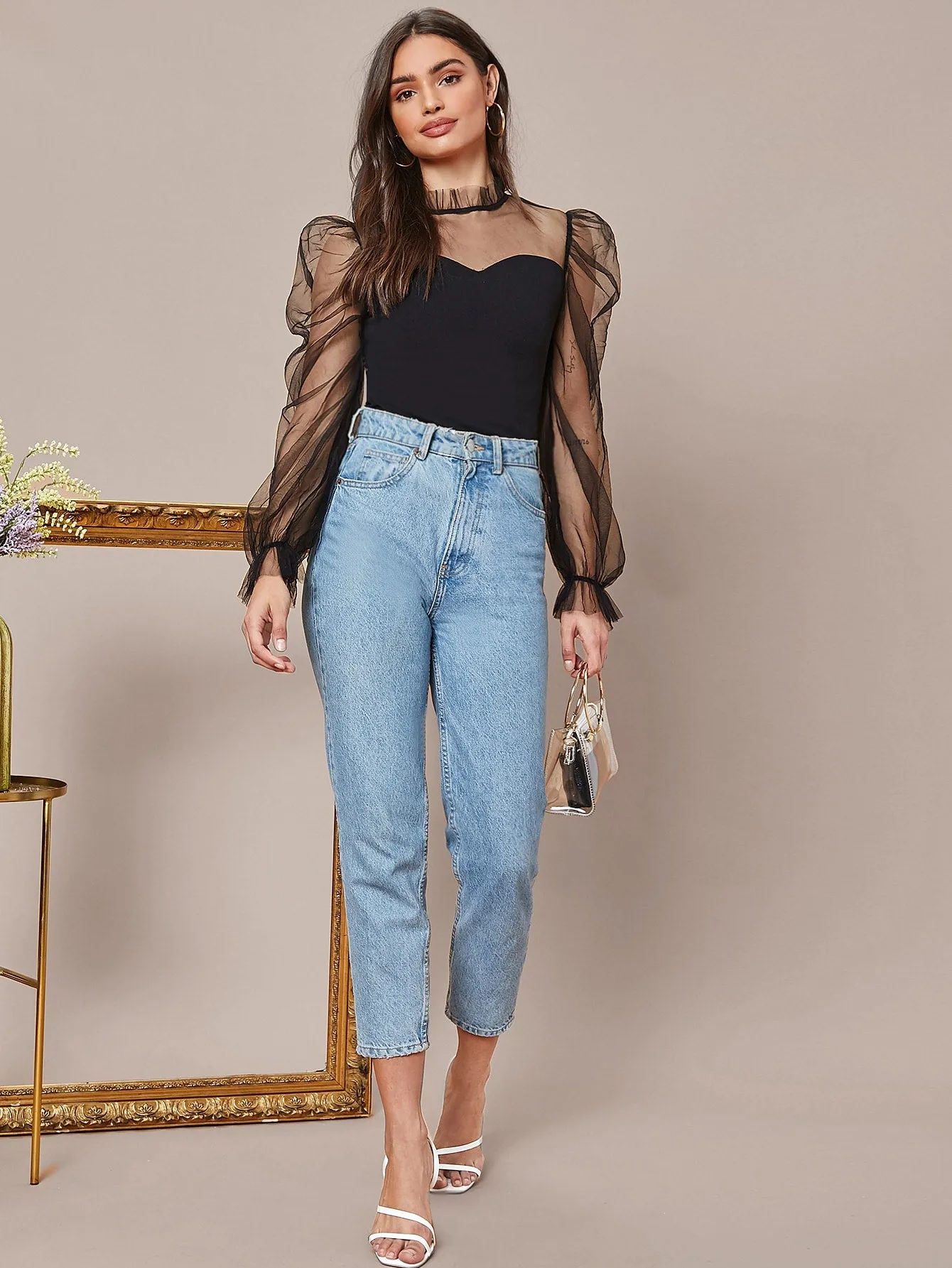 Frill Neck Sheer Mesh Puff Sleeve Top( CLEARANCE SALE