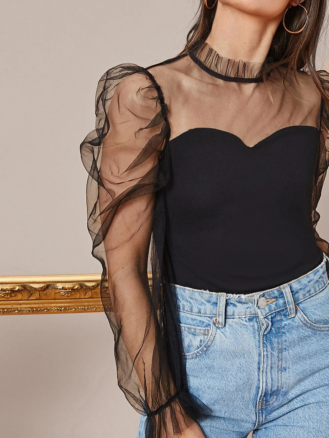 Frill Neck Sheer Mesh Puff Sleeve Top( CLEARANCE SALE