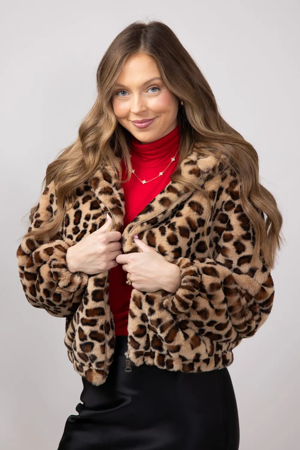 Fur Leopard Print Hooded Zip Up Jacket for Women in Animal Print | MAJ3053-LEOPARD