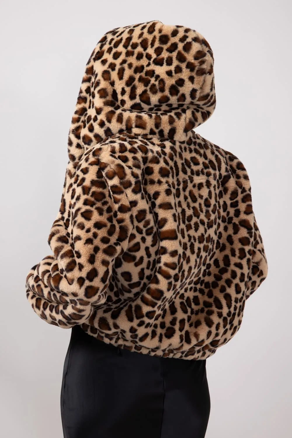Fur Leopard Print Hooded Zip Up Jacket for Women in Animal Print | MAJ3053-LEOPARD