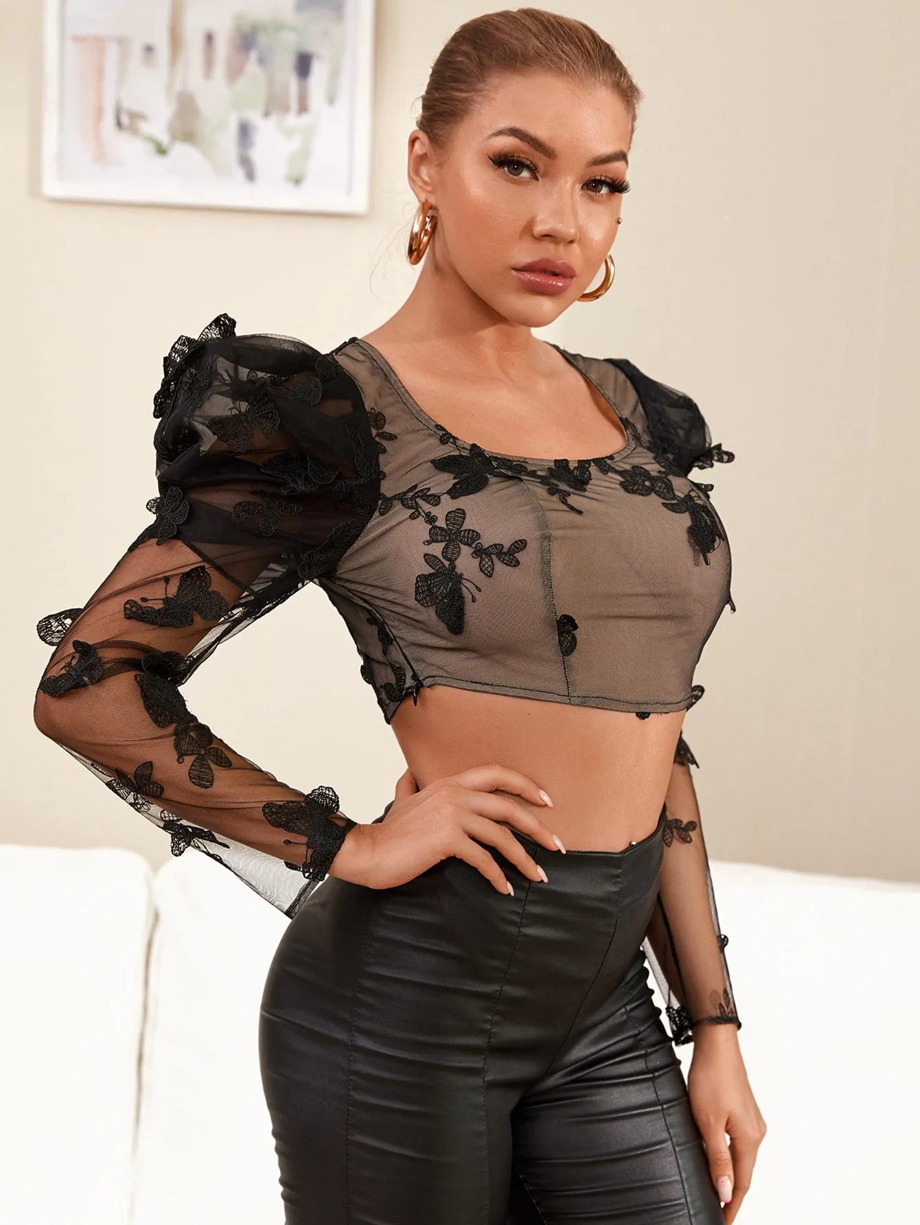 Gigot Sleeve Appliques Detail Embroidery Mesh Crop Top( CLEARANCE SALE