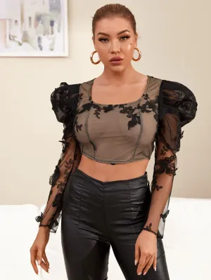 Gigot Sleeve Appliques Detail Embroidery Mesh Crop Top( CLEARANCE SALE
