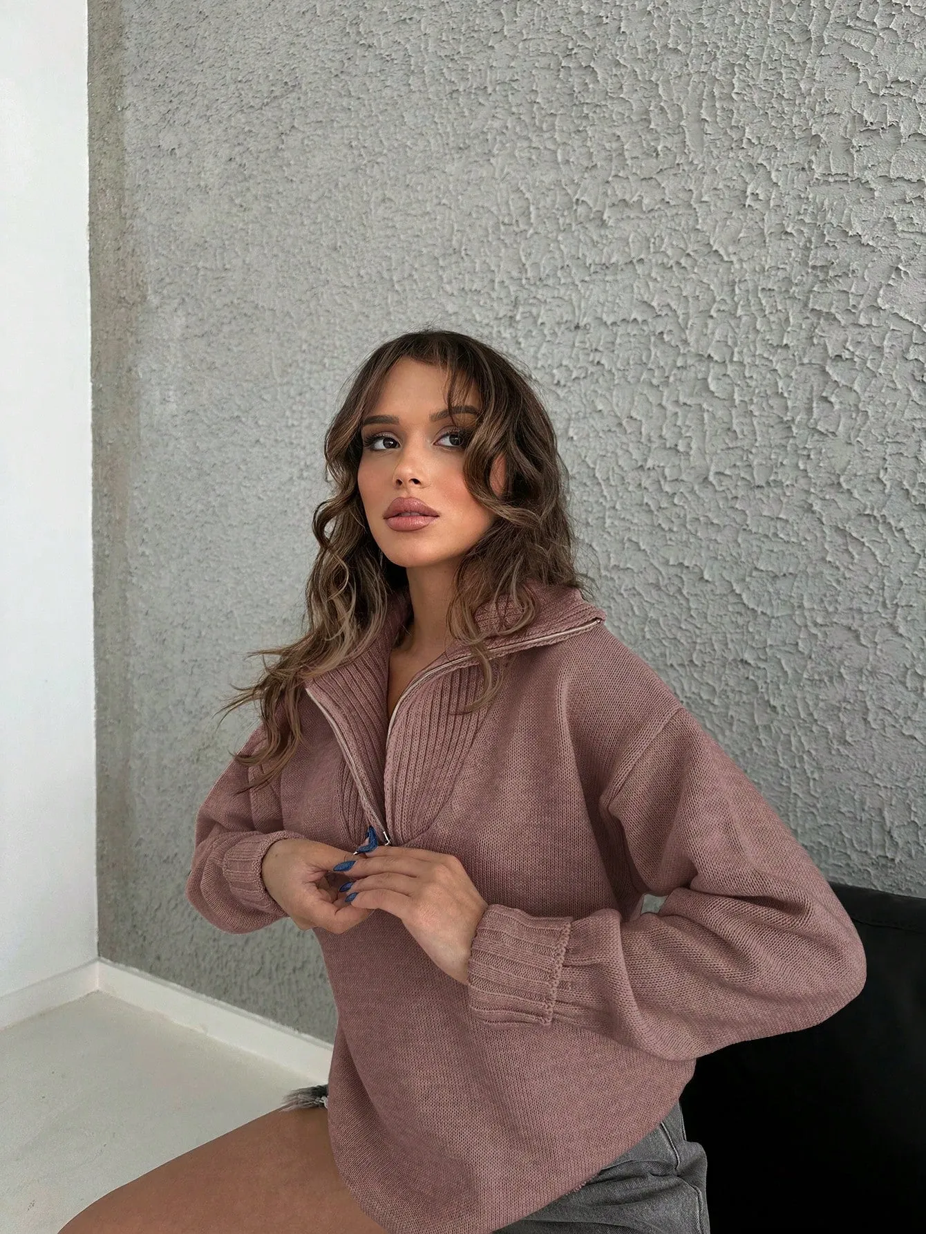Half Zip Drop Shoulder Collar Sweater