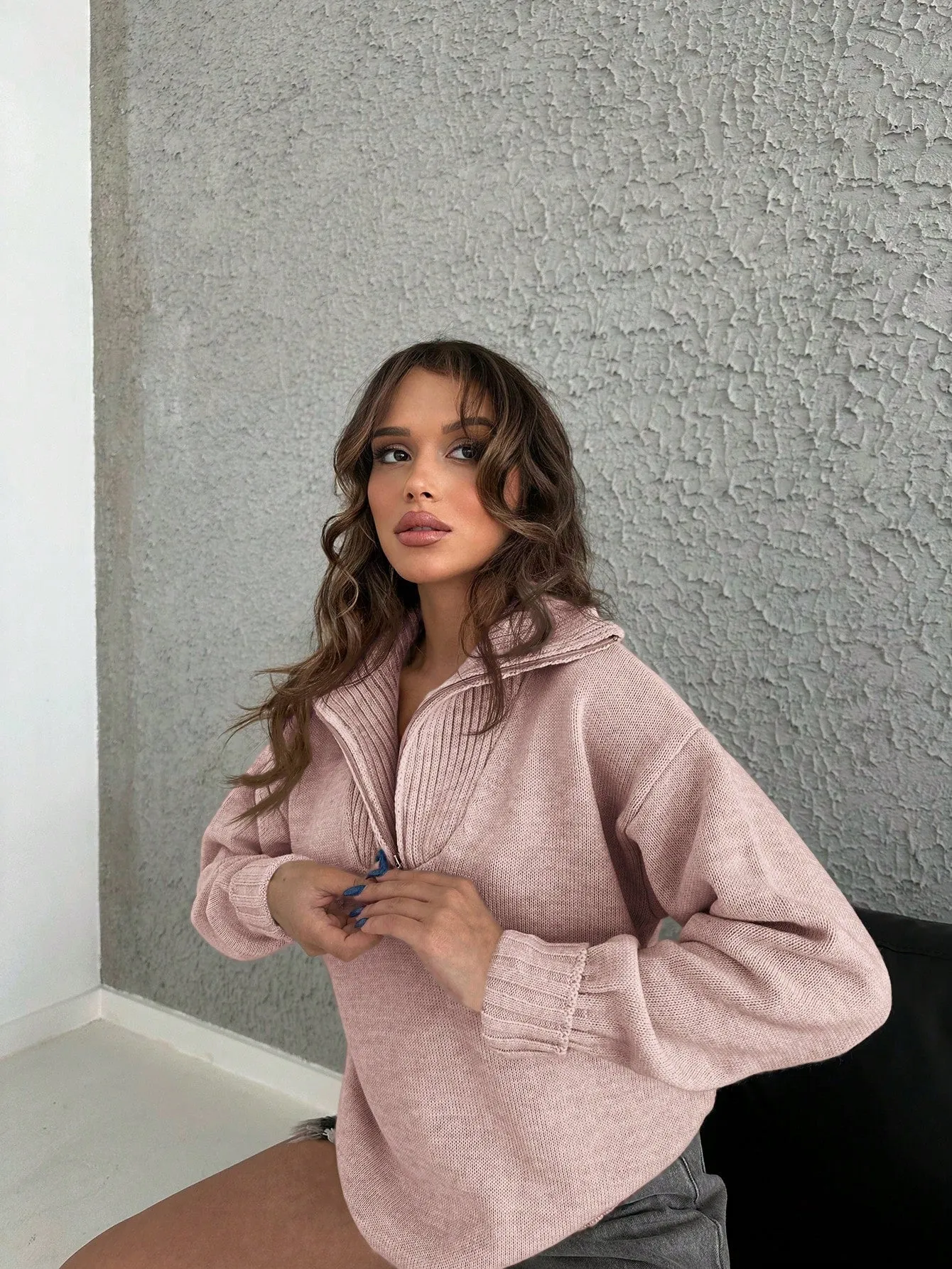 Half Zip Drop Shoulder Collar Sweater
