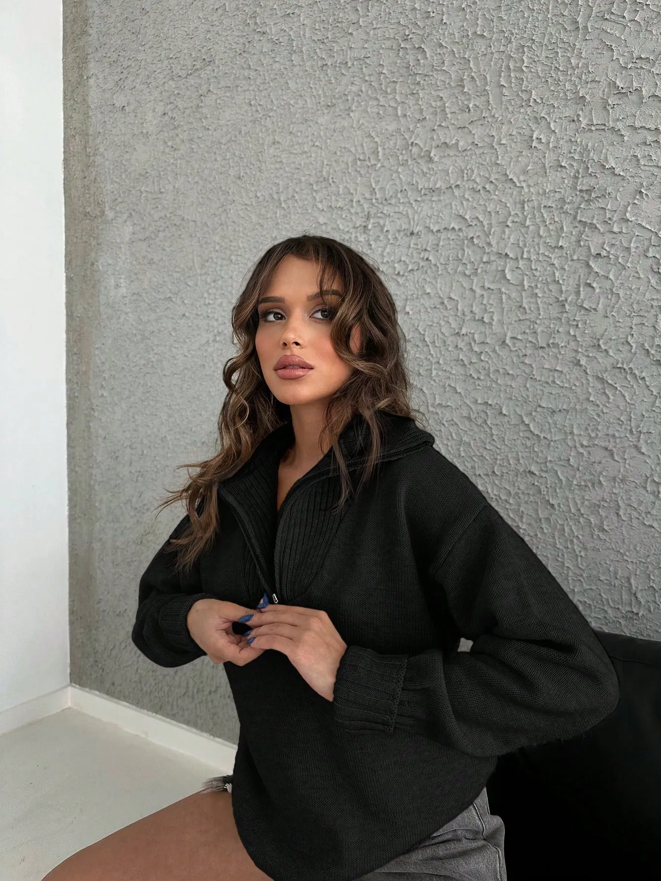 Half Zip Drop Shoulder Collar Sweater