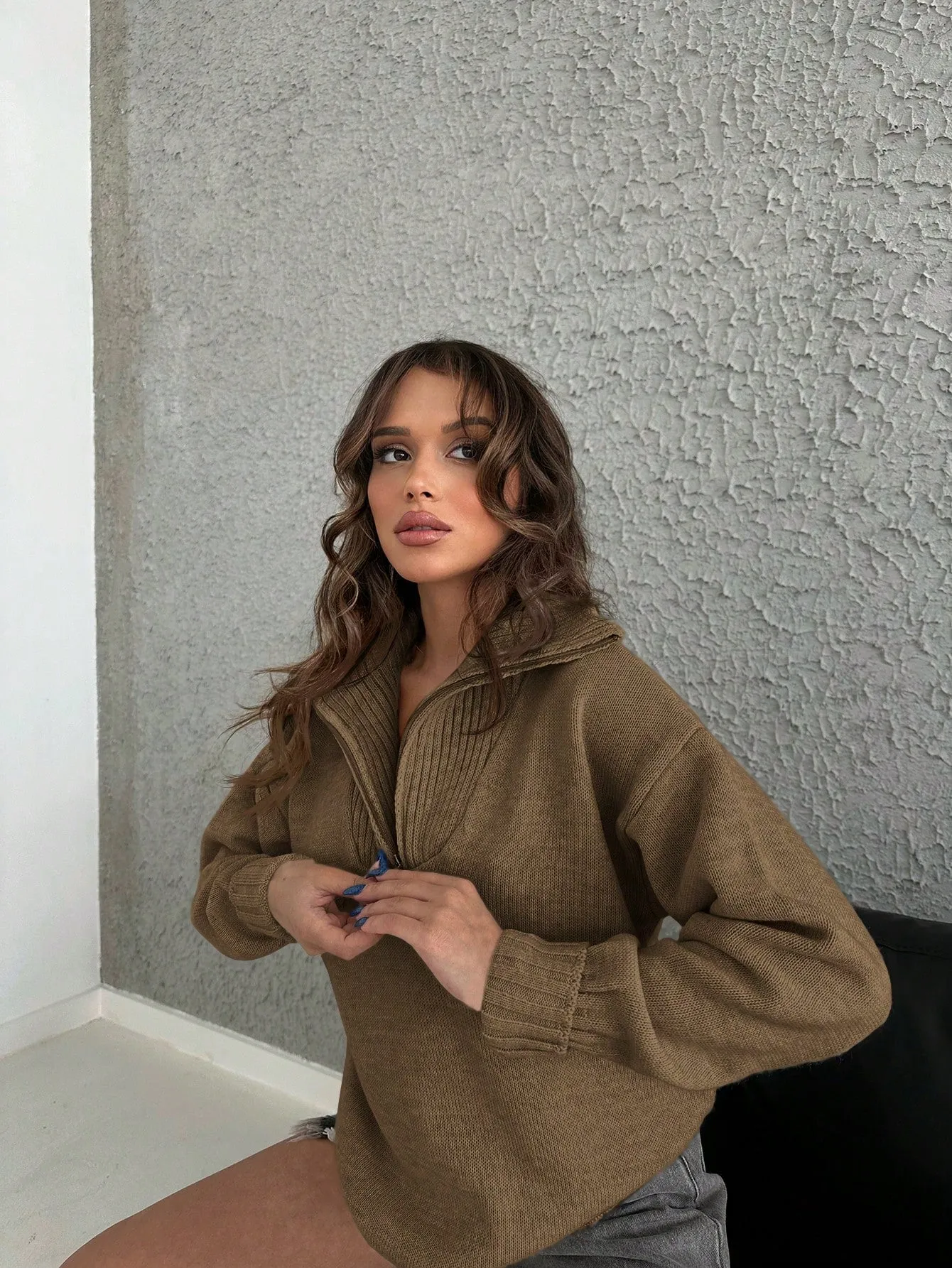 Half Zip Drop Shoulder Collar Sweater