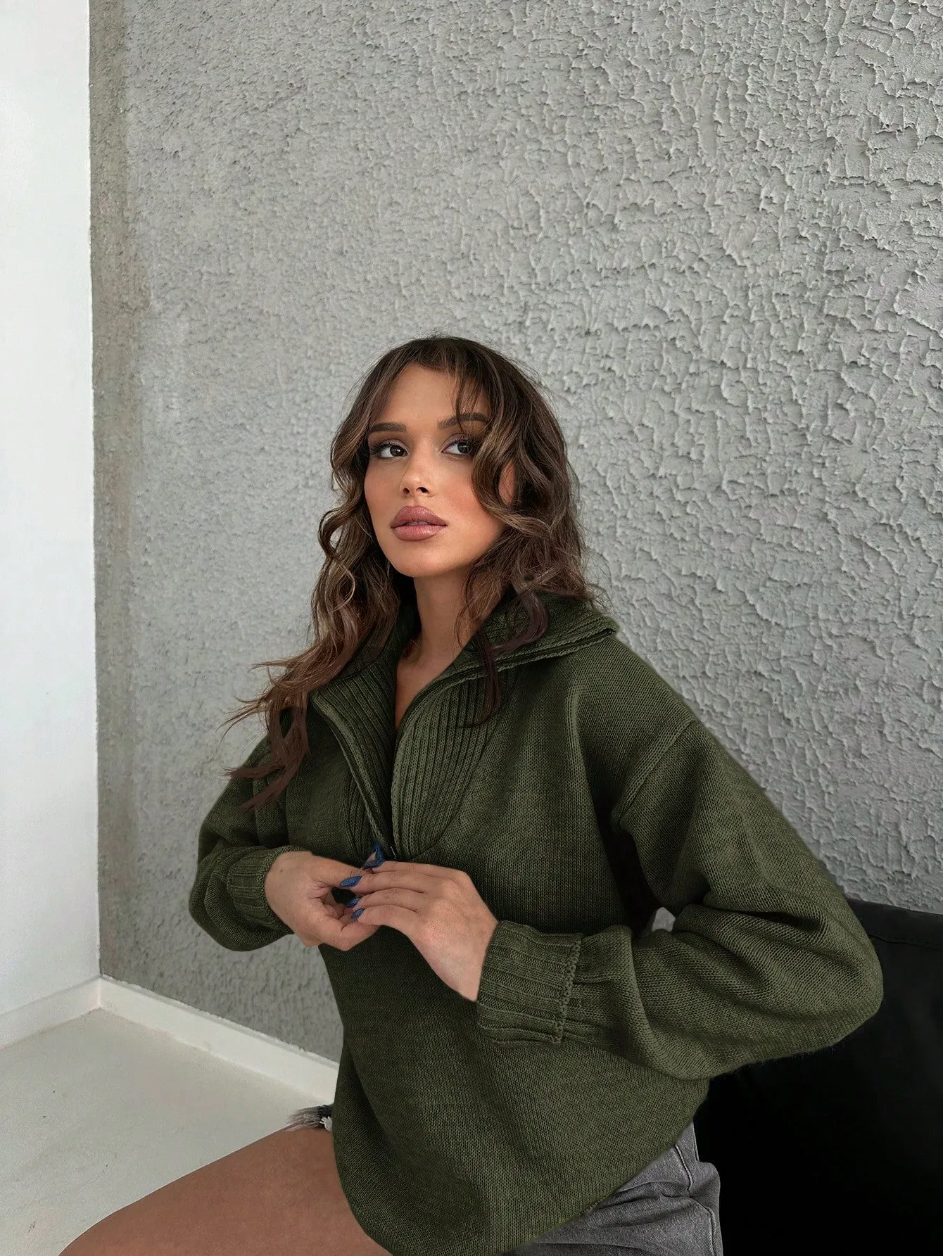 Half Zip Drop Shoulder Collar Sweater