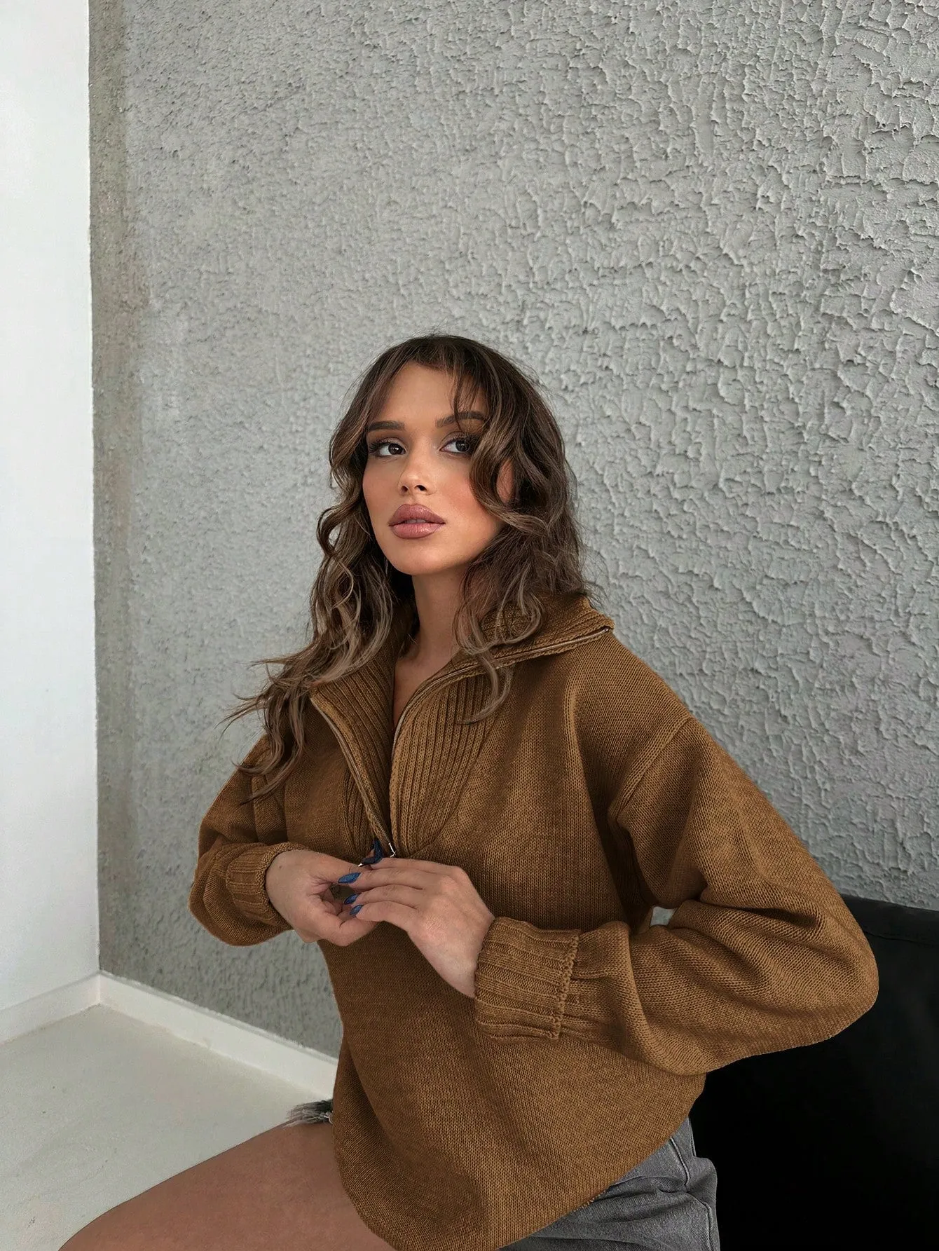 Half Zip Drop Shoulder Collar Sweater