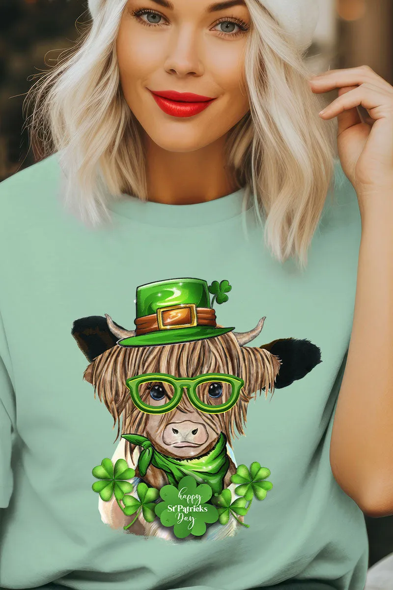 Happy St. Patrick's Day Highland Cow Short Sleeve Relaxed Fit T-Shirt