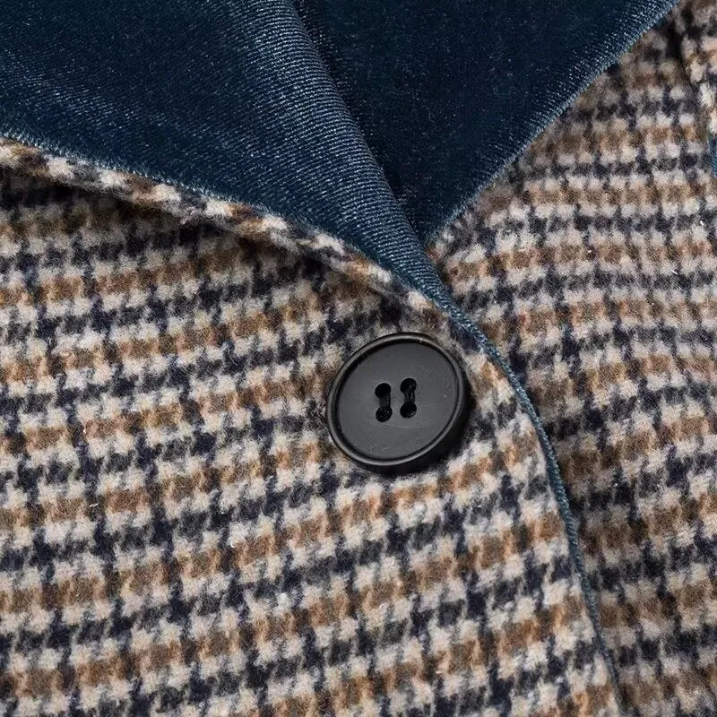 Houndstooth and Blue Velvet Long Sleeve Full Length Coat