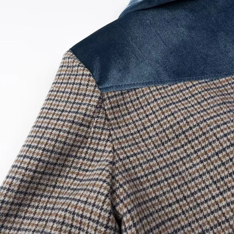 Houndstooth and Blue Velvet Long Sleeve Full Length Coat
