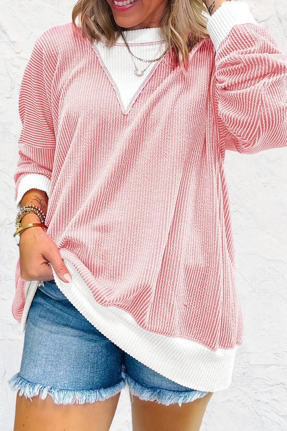 Janelle Contrast Round Neck Long Sleeve Sweatshirt