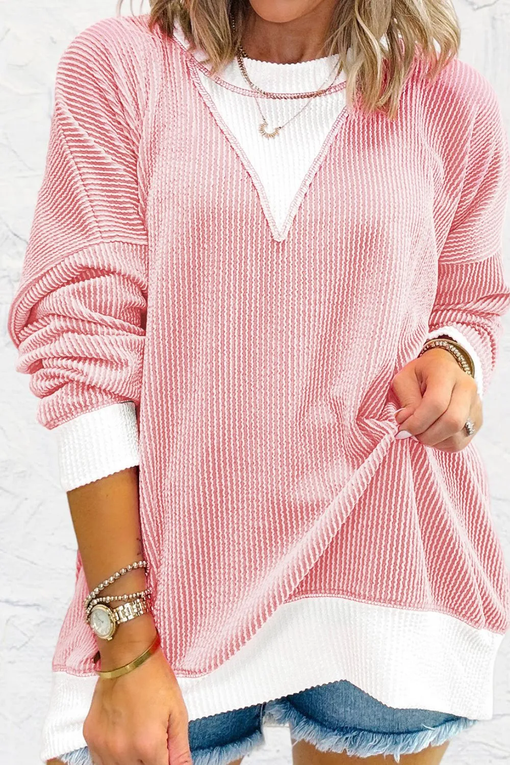 Janelle Contrast Round Neck Long Sleeve Sweatshirt
