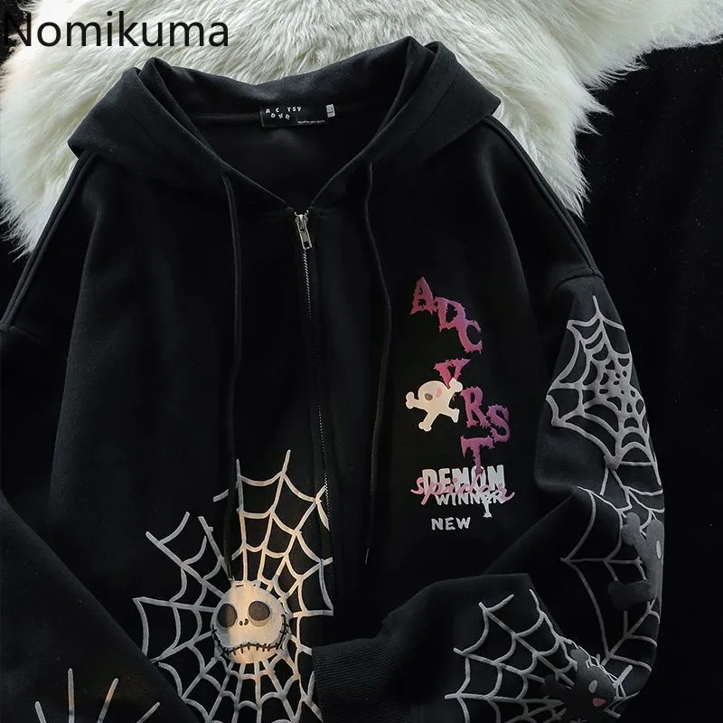 JazzHer Spider Print Harajuku Sweatshirts Coats Women Clothes Streetwear BF Hoodies Chic Hooded Y2k Tops Casual Zipper Oversized Hoodie